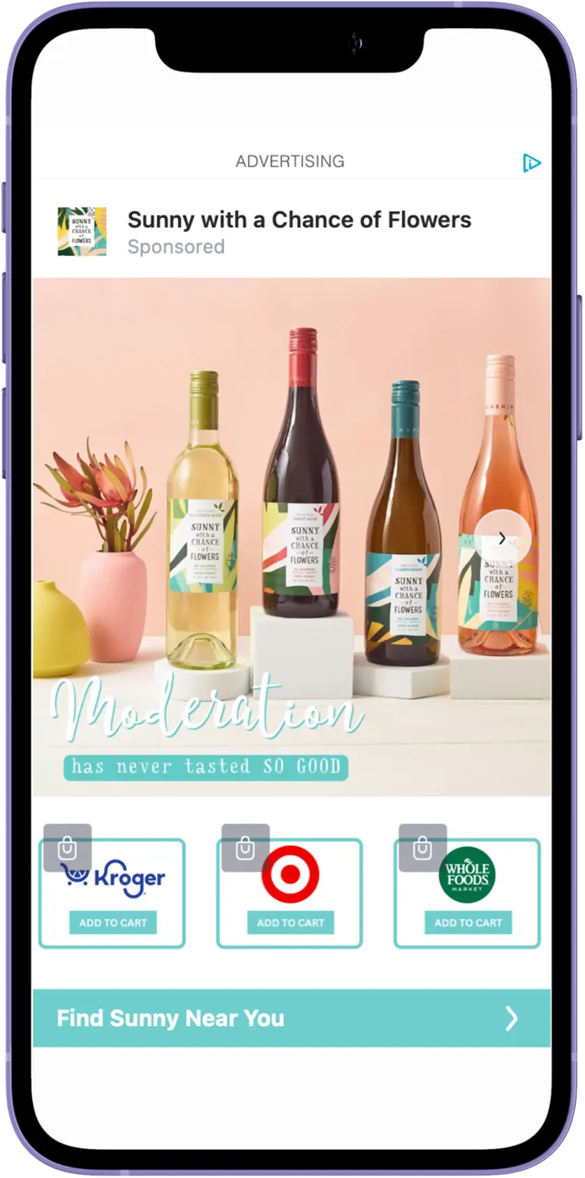 Sunny with a Chance of Flowers banner ad featuring the retailers Kroger, Target, and Whole Foods